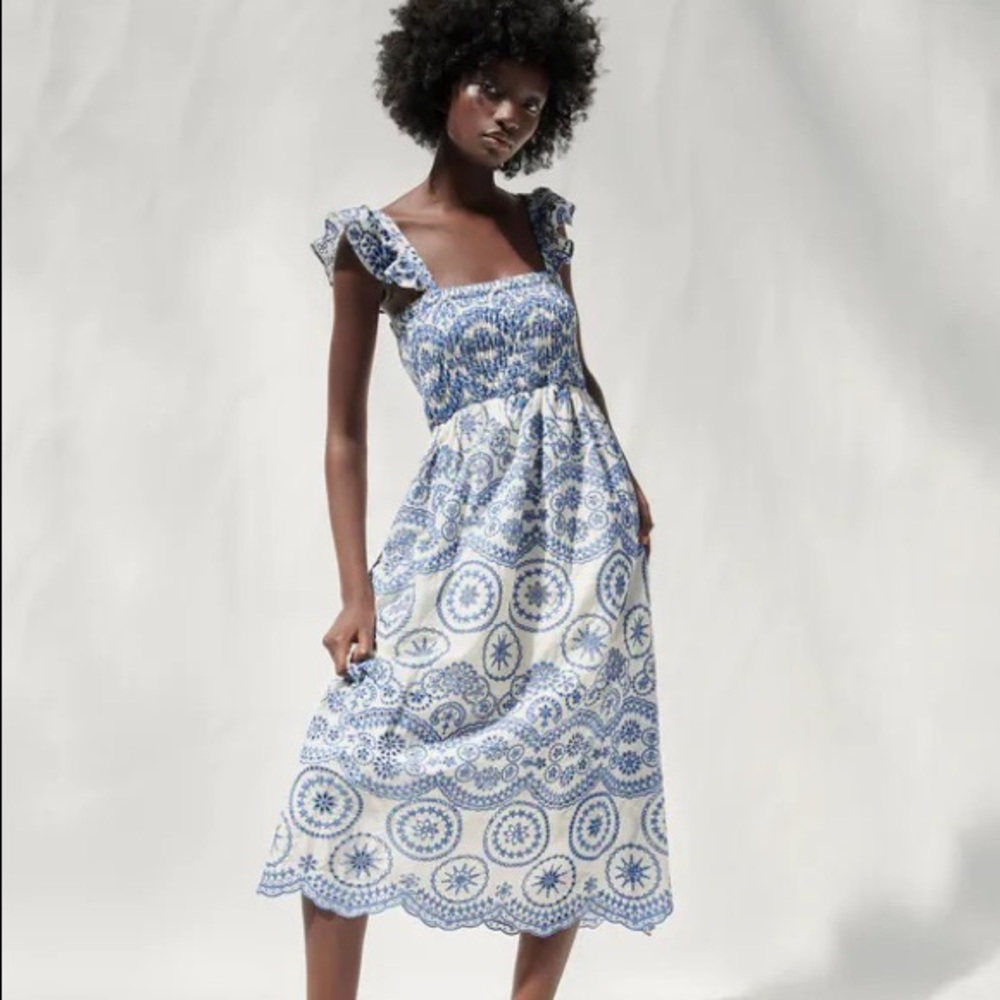 Zara embroidered smoked blue & white midi dress